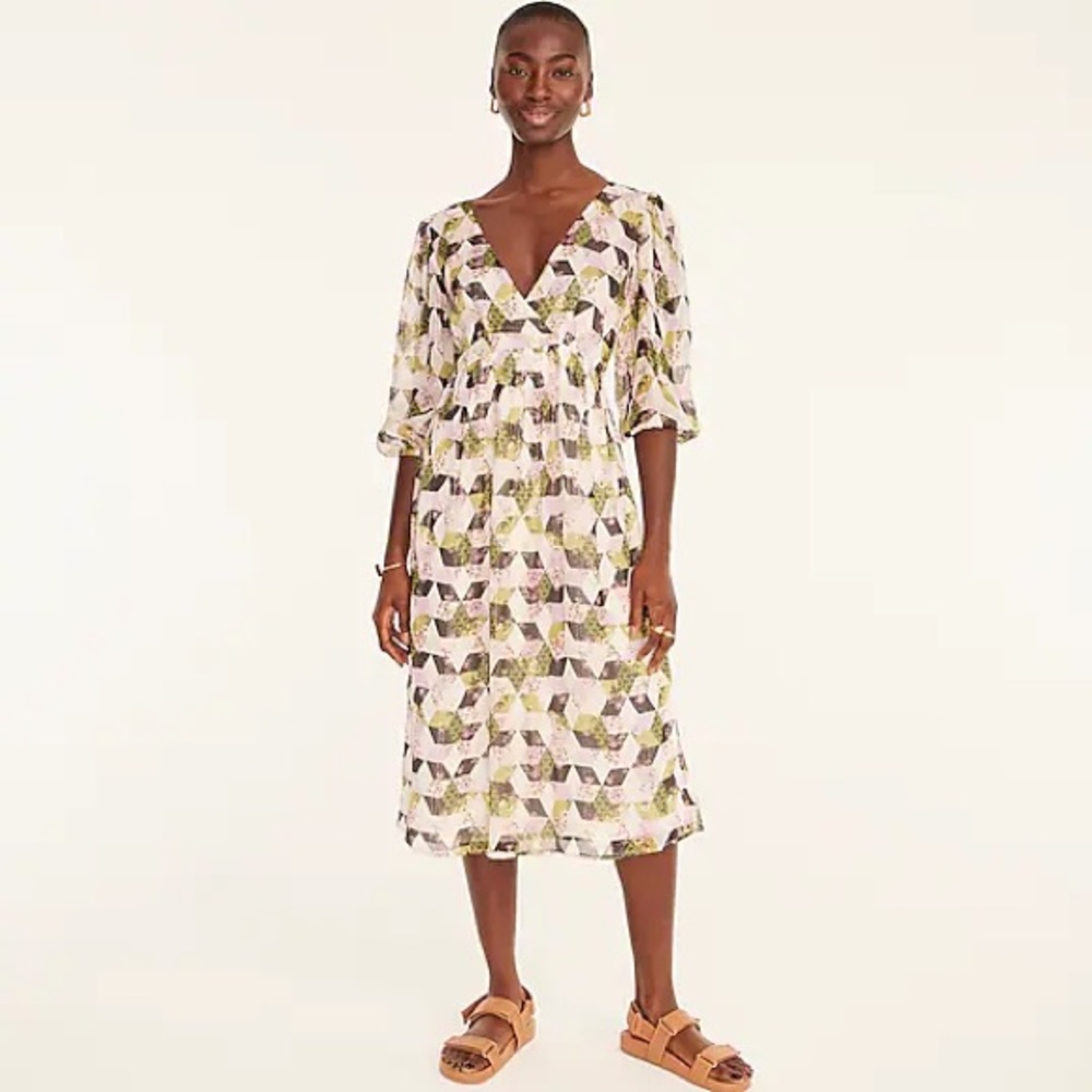 Lurex chiffon midi dress in patch-work print